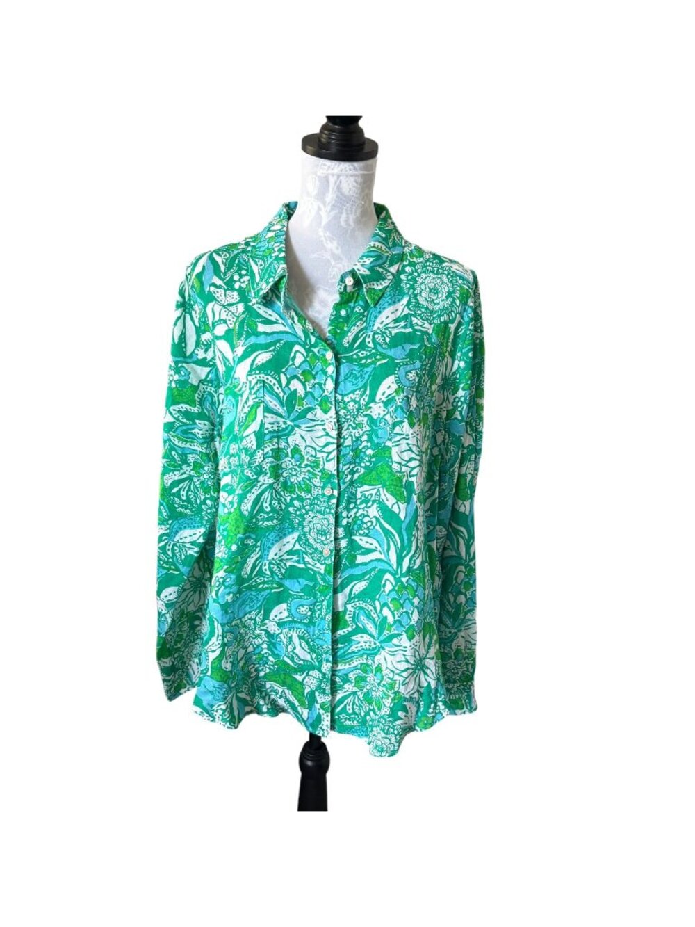 Lilly Pulitzer Womens Linen Top Blouse Green Floral Colorful XLarge